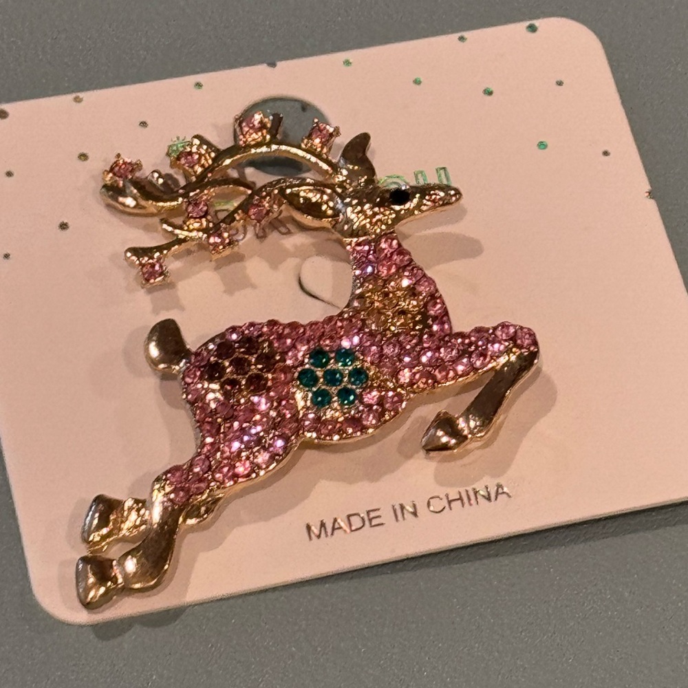 NWT Mint Pink and Gold Reindeer Brooch